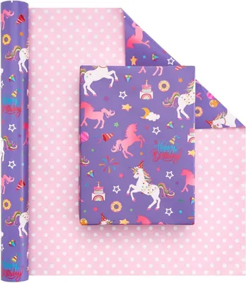 Immagine prodotto di WERNNSAI rotolo di carta da regalo reversibile per compleanno unicorno 43,2 cm x 10 m per bambini