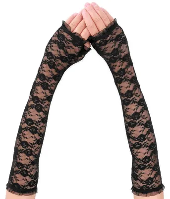 Immagine prodotto di Guanti senza dita da donna, lunghezza fino al gomito, motivo floreale, nero e bianco