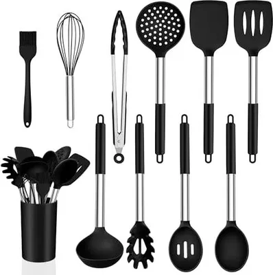 Produktbild von Küchenhelfer Set, Onader 11 Stück Silikon Küchenutensilien Kochbesteck Set mit Edelstahlgriff, Antihaft Kochutensilien Set für Kochen und Backen, Hitzebeständiger & Spülmaschinenfest, Schwarz