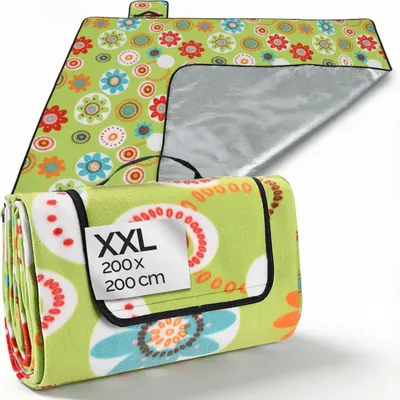 Produktbild von DETEX® Picknickdecke Campingdecke XXL 200x200 cm Wasserdicht Wärmeisoliert Waschbar Fleece Faltbar für 4-6 Personen Garten Stranddecke Blumen