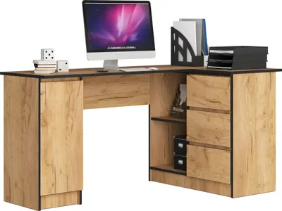 A corner desk with a computer monitor, office supplies, and storage compartments.