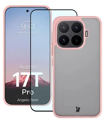 Produktbild von Schutzhülle + gehärtetem Glas für Xiaomi 17T Pro, Bizon Angelo Pack, Semitransparent mit hellrosem Rahmen