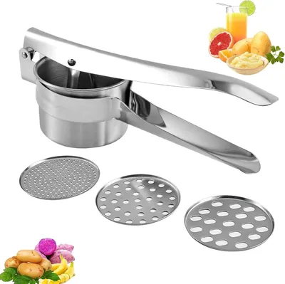 Produktbild von Kartoffelpresse Edelstahl 3in1 Handstampfer mit 3 Sieben Eispresse