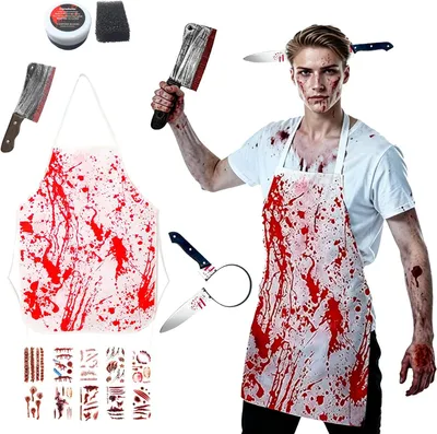 Produktbild von Halloween Schlachterkostüm blutige Schürze und Messer-Haarband, Einheitsgröße, für gruselige Partys