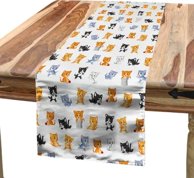 Produktbild von ABAKUHAUS Kätzchen Tischläufer, Skurril Zusammensetzung der bunten Katzen Tanzen und Herumspielen Fröhlich Tier, 40 x 180 cm, Mehrfarbig