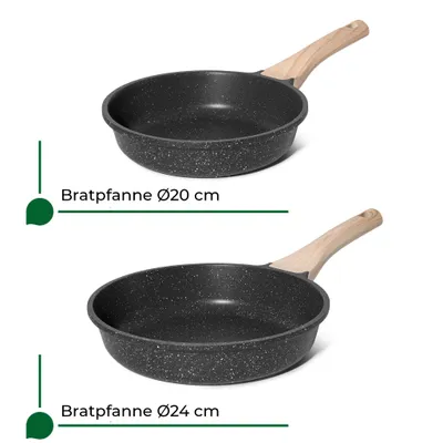 Two frying pans of different sizes are shown against a white background, with labels indicating their diameters.
