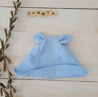 Imagen del producto de Sombrero de verano de muselina para bebé, marca Z&Z, con orejeras, color azul, talla 80/86