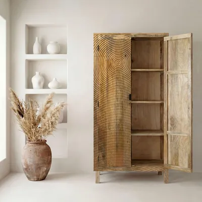 Image de FineBuy Armoire en bois massif de manguier naturel 180 cm Armoire de salon haute Armoire multifonctionnelle Armoire de style cottage avec 2 portes Armoire en bois massif Fabriquée à la main