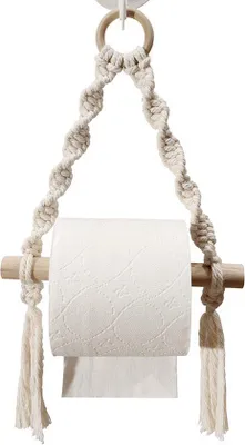 Obrázok produktu pre Držiak na toaletný papier – štýl boho – na zavesenie – bez vŕtania – drevo – 20 × 24 cm – biely
