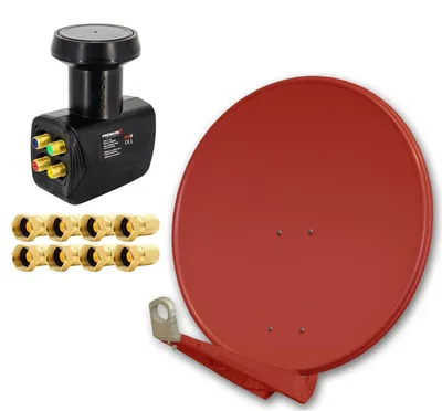 Immagine prodotto di Sistema satellitare PremiumX DELUXE per 4 utenti, con antenna satellitare da 85 cm in alluminio, colore terracotta, e Quad LNB Black Edition, comprensivo di 8 connettori F