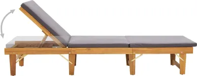 A wooden sun lounger with a gray cushion, shown against a white background. The backrest is adjustable.