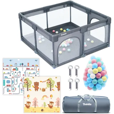 Image de Teddle Parc bébé - Tapis de jeu double face inclus - Parc bébé avec 50x balles de jeu - 120 x 120 cm - Playpen pour l'intérieur et l'extérieur - Gris
