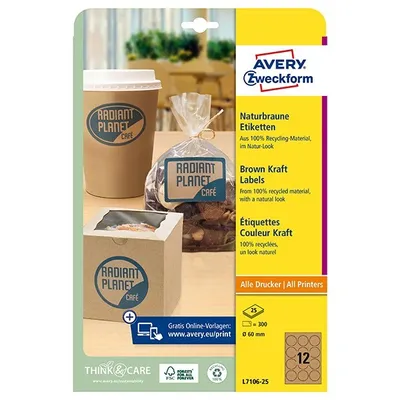 Produktbild von Avery L7106-25, Braun, Kreis, Permanent, 12 Stück(e), 25 Blätter, 6 cm