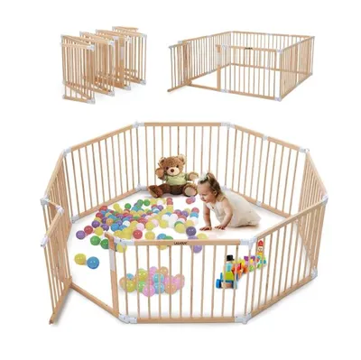 Produktbild von Laufgitter Baby faltbar aus Holz 152 x 152 cm – Baby Laufstall mit Tür, 8 Paneelen und Saugnäpfen, stabiler Spielbereich für Babys