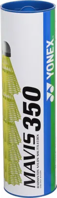 A cylindrical container of YONEX Mavis 350 badminton shuttlecocks.