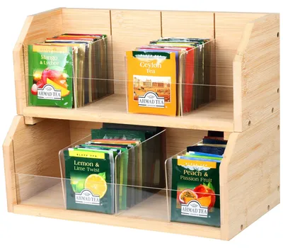 Bambus-Teebeutelbox mit 8 Fächern, 2 Etagen, 140 Teebeutel