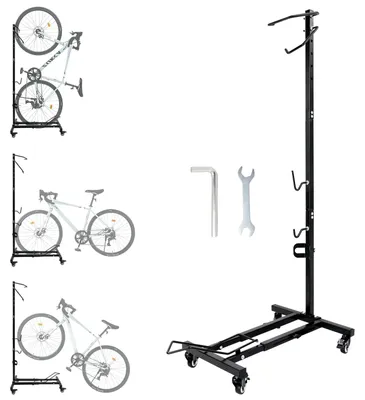 Zdjęcie produktu dla Stojak rowerowy z kółkami, regulowana wysokość, do MTB i rowerów szosowych, czarny, do garażu