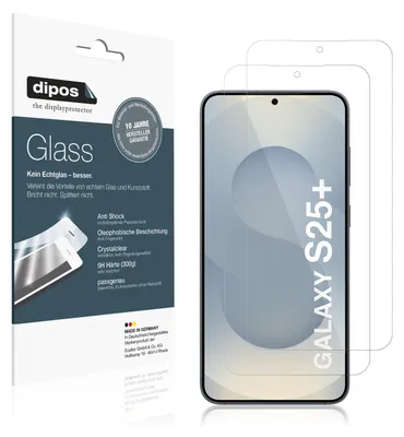 A product package for a screen protector for a Samsung Galaxy S25 Plus, with the screen protector shown on a phone.