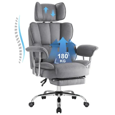 A gray office chair with graphics indicating its features.