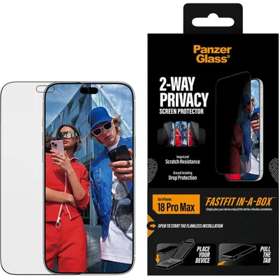 Immagine prodotto di Protezione per schermo iPhone 18 Pro Max PanzerGlass® con filtro privacy a due vie | Adatta a schermi ultra-ampi, con sistema di applicazione FASTFIT integrato, Apple - iPhone 18 Pro Max, Applicazione a secco, Resistente ai graffi, Resistente agli urti, Trasparente, 1 pezzo