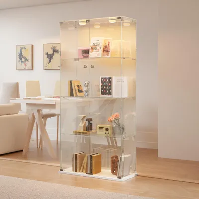 Image de Vitrine en verre UnboxG 78,5 x 35 x 163 cm, 2 portes, 4 niveaux, éclairage LED, blanc, vitrine sur pied Armoire d'exposition et armoire de rangement pour salon