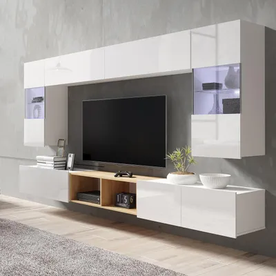 Produktbild von Wohnwand Set mit 2 Hängevitrinen und LED Beleuchtung in weiß Hochglanz mit Artisan Eiche Nb. CAIRNS-132, B/H/T ca. 300/200/43 cm