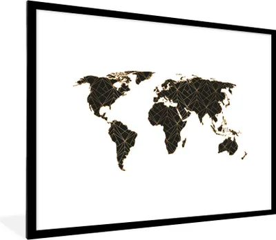 Produktbild von MuchoWow® Gerahmtes Poster Weltkarte - Linien - Gold 80x60 cm - Poster mit Schwarzem Bilderrahmen Wandposter Rahmen Foto Bilder - Schlafzimmer-Dekorationen - Fotoposter