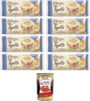Produktbild von Mulino Bianco Tigelle mit nativem Olivenöl extra und weichem Weizenmehl, ohne Schmalz, dick und weich verpackte Tigelle zum Füllen, 8x 210gr Packung mit 6 Tigelle+ Italian Gourmet polpa 400g