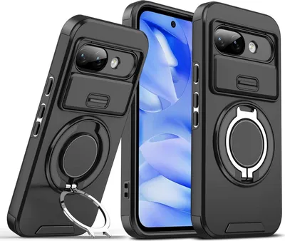 Immagine prodotto di Custodia a doppio strato per Goolge Pixel 9A, con copertura scorrevole della fotocamera e supporto ad anello magnetico Nero