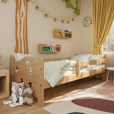 Produktbild von Kinderbett Lili mit Rausfallschutz und Lattenrost | 160x80 cm | Kiefer, 100% Massivholz, natürliche Maserung | für Kinder, universell, stabil, bequem