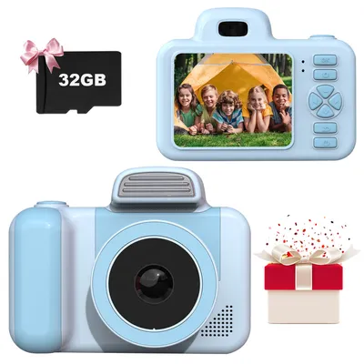 Produktbild von (Blau) Kinder-Selfie-Kamera HD-Digitalvideokameras für Kleinkinder, tragbares Spielzeug für Kinder mit 32-GB-SD-Karte