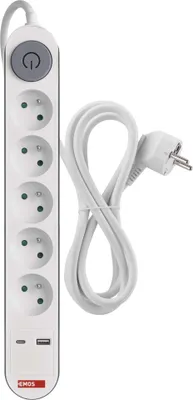 Prodlužovací kabel 3 m / 5 zásuvky / s vypínačem / bílý / 1×USB-A + 1×USB-C / 1,5 mm2