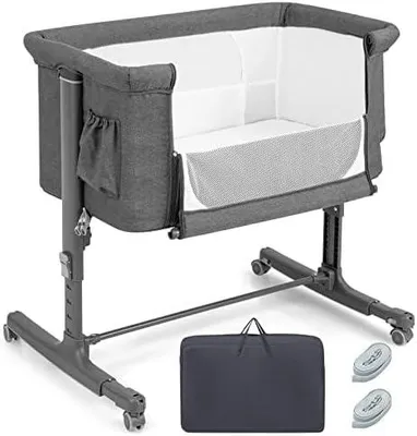 Imagen del producto de Cuna para bebé FANTASK 3 en 1: cuna, moisés y cuna de viaje. Cuna con 5 niveles de ajuste de altura, inclinación de 10°, cuna para bebé que incluye colchón, bolsa de transporte y moisés para bebés de hasta 9 kg (gris oscuro)