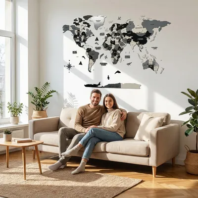 Produktbild von 3D-Wandkunst aus Holz, Weltkarte, große Wanddekoration aus Holz, Reisekarte mit Stecknadeln für Zuhause und Büro (L, Gemischtes Grau)