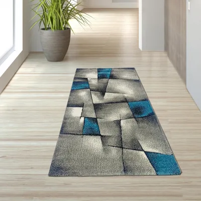 Produktbild von Designer Teppich mit Konturenschnitt Karo Muster Türkis Grau Weiß Schwarz Größe - 80 x 150 cm