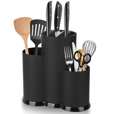 Produktbild von 3 in 1 Messerblock Ohne Messer Schwarz, Universal Runder Messerhalter mit Schlitzen und Multifunktional Aufbewahrung Ständer, Plastik Knife Holder
