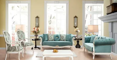 Produktbild von Casa Padrino Luxus Barock Wohnzimmer Set Türkis / Grün / Weiß - 2 Sofas & 2 Sessel mit Muster & 1 Couchtisch - Wohnzimmer Möbel im Barockstil - Edel & Prunkvoll