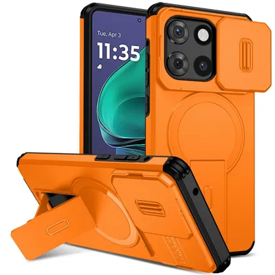 Produktbild von Magnetisch Hülle für Motorola Moto G Power 2025/G Play 2025, Dual Layer Stoßfest Handyhülle mit Dia Kameraschutz, Verstellbarem Ständer Orange