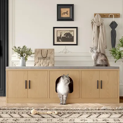Produktbild von Merax Versteckter Katzenschrank, Katzentoilette Schrank mit Schuhschrank, Katzenhöhle, Katzenkrallen-Pad, für Flur, Belüftung, Natur