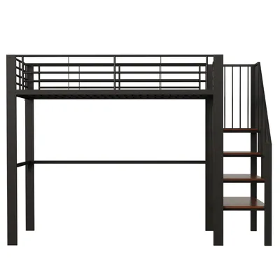 Produktbild von Flieks Hochbett 140x200cm mit Treppe, Etagenbett Kinderbett mit Rausfallschutz, Stockbett Metallbett mit Lattenrost, Doppelbett Kinder, Schwarz
