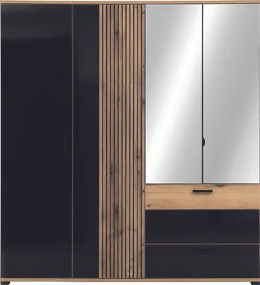 Produktbild von Furniture24 Kleiderschrank 188x206x55 cm ARIS AS11 Schrank 4 Türiger mit 4 Schubladen 3 Kleiderstangen Evoke Eiche/Schwarz Glanz