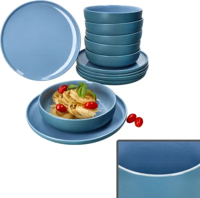 Produktbild von Ritzenhoff 12tlg Tafelservice Jasper Ozeanblau Steingut Essteller Suppenteller