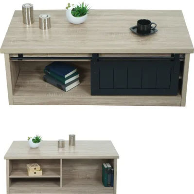 Image de Table basse HWC-K75, table d'appoint table de salon, porte coulissante 6 compartiments de rangement, aspect bois métal 44x120x60cm ~ naturel