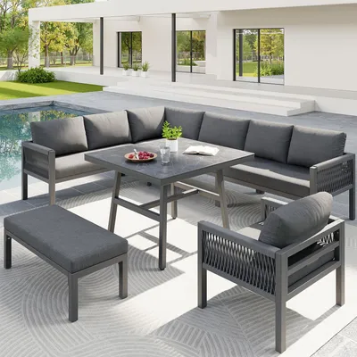Produktbild von Merax L-Form Gartensofa Set mit Eisenrahmen, wetterfeste Gartenlounge handgeflochten für 8 Personen, Tisch mit Marmor-Glasplatte und Sesseln, Grau