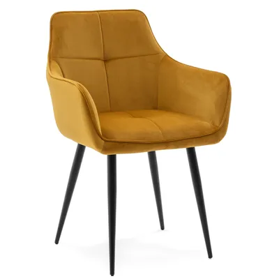 A single yellow armchair with black legs against a white background.