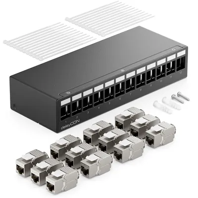 Productafbeelding van deleyCON 12-poorts patchpaneelset, patchveld CAT6a STP, 1 HE - zwart - afmetingen: 12 poorten + 12x RJ45 keystone-connectoren