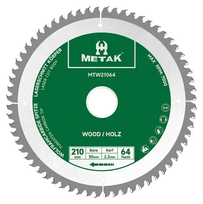 Obrázek produktu pro Pila kotoučová, rozměry 210 x 30 mm, 64 zubů, vyrobená z tvrdokovu, určená pro řezání dřeva