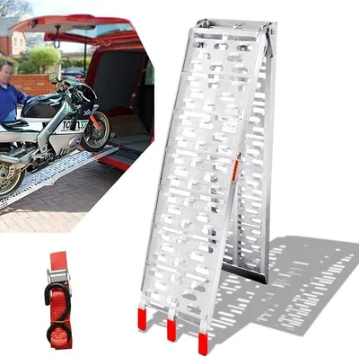 Productafbeelding van 1x Opklapbare oprijhelling, maximale draagvermogen 340 kg, 226 cm aluminium oprijhelling voor aanhangers, auto's, ATV's, quads, personenauto's. Oprijhelling voor aanhangers, motorhelling voor motorfietsen of bromfietsen