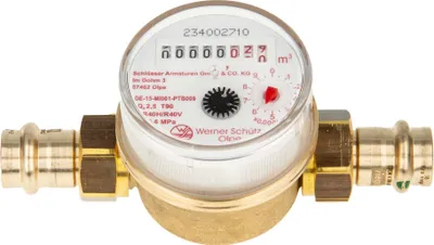 Produktbild von Einstrahlzähler ETK Kombi-Set (Warmwasser) bis 90 Grad Länge 80 mm, inkl. Verschraubungen mit Pressanschluss 18 mm