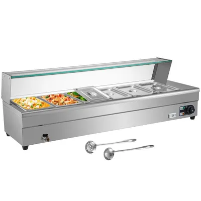 Produktbild von Gastronomie Behälter Edelstahl 1500 Watt Speisenwärmer 6 Pfanne Wärmebehälter für Essen Chafing Dish Warmhaltebehälter Edelstahlkörper mit Glasabdeckung Warmhaltebox Tischwärmer